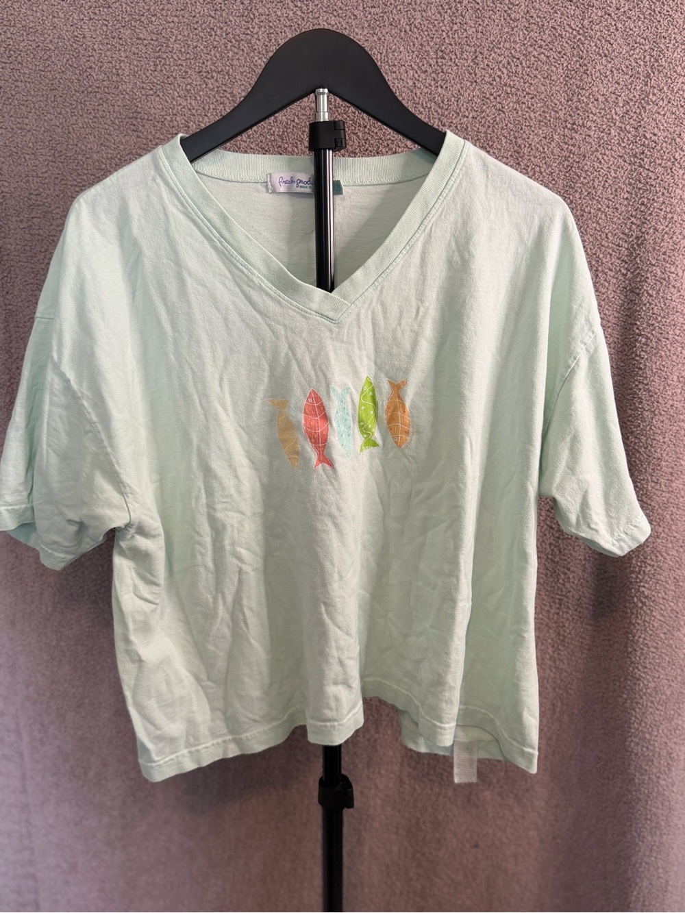 Fresh Produce Women’s OS Mint Green Fish Graphic V-Neck Coastal T-Shirt Made USA